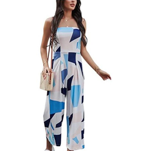 Women Clothing off the Shoulder Printed Casual Loose Long Jumpsuit