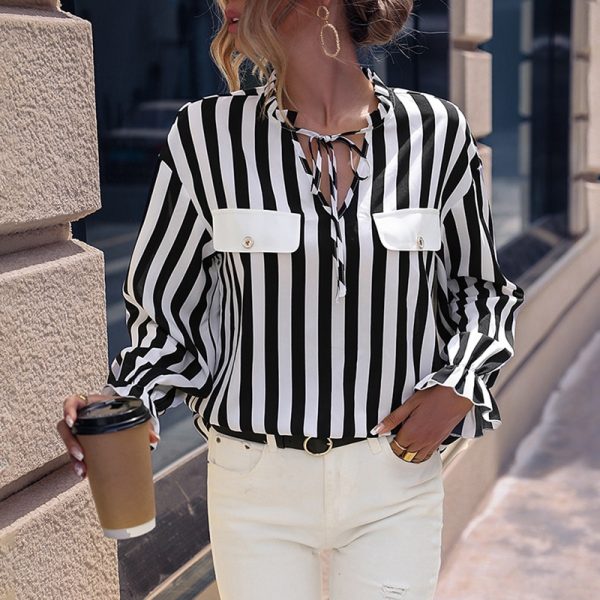 Summer Chiffon Shirt Striped Classic Lace up Stitching Long Sleeved Shirt Women