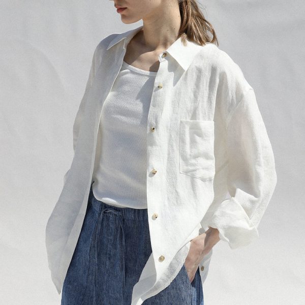 Early Autumn French Niche Design Pure Linen Shirt Simple Niche Idle Loose Lapels Coat for Women