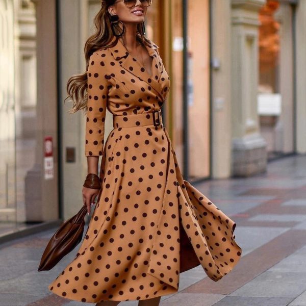 Women  Fashionable Polka Dot Print Suit Collar Large Swing Dress