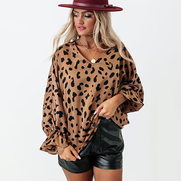 Pullover Women Autumn Leopard Print Printed V Neck Lotus Leaf Cuff Loose Chiffon Top