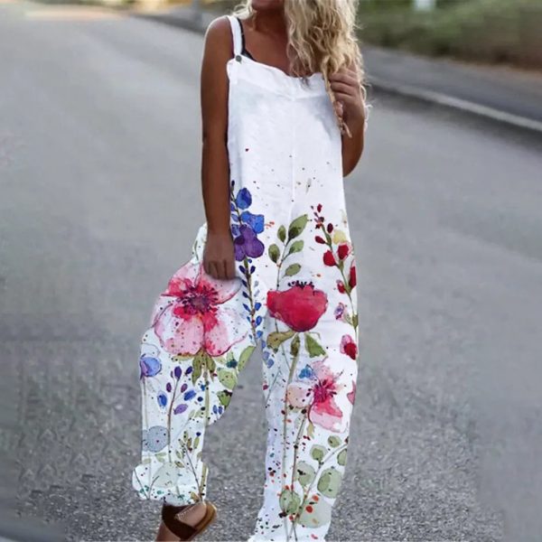 Summer Women Clothing Printed Sleeveless Strap Loose Casual Jumpsuit