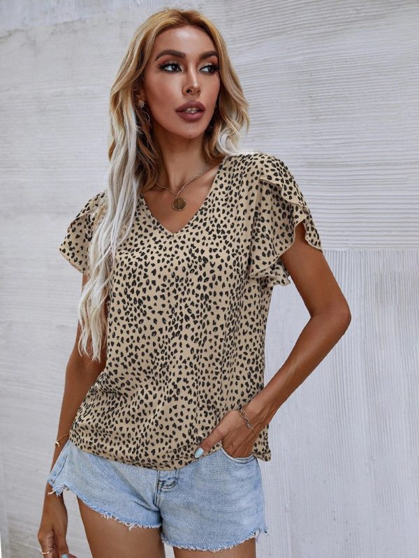 Short Sleeve Leopard Print Shirt Women  Summer Office V neck Cross Sleeve Top