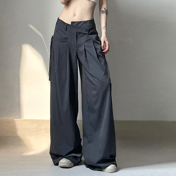 High Street Trendsetter Wear Irregular Asymmetric Waist Design Low Waist Straight Ribbon Loose Drooping Wide Leg Pants