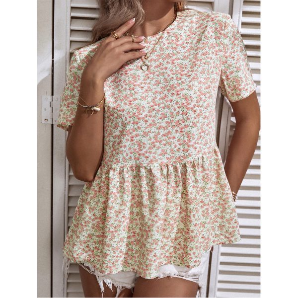 Sweet Blouse Floral Print Round Neck Short Sleeve Casual Shirt