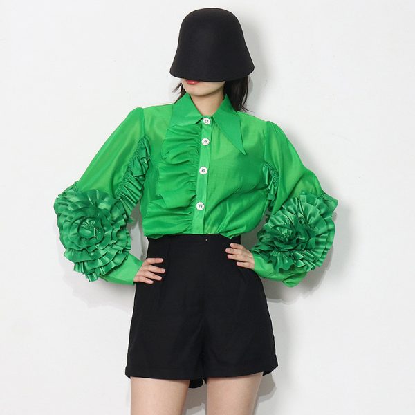 Women Clothing Spring Summer Collar Single Breasted Ruffled Stitching Loose Shirt Women