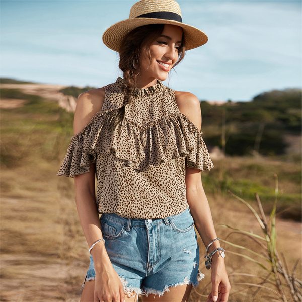 Popular Floral Ruffled off the Shoulder Chiffon Shirt Top