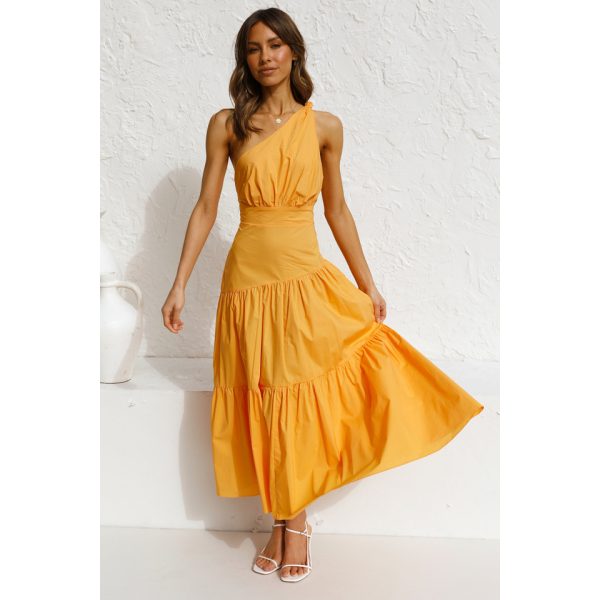 Spring Summer One-Shoulder Knotted Solid Color Fresh Long Sweet Dress