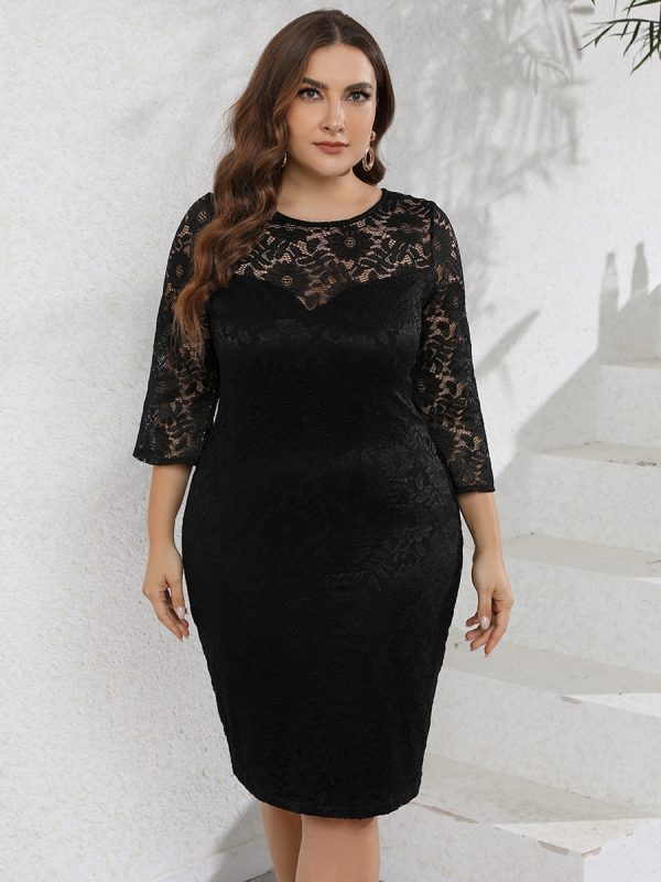 Plus Size Spring Summer Ladies round Neck Flare Sleeve Lace Mid Length Sheath Dress