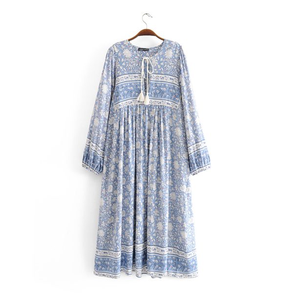 Spring Summer Rayon Long Positioning Printing Blue White Porcelain Dress Women Printed Dress