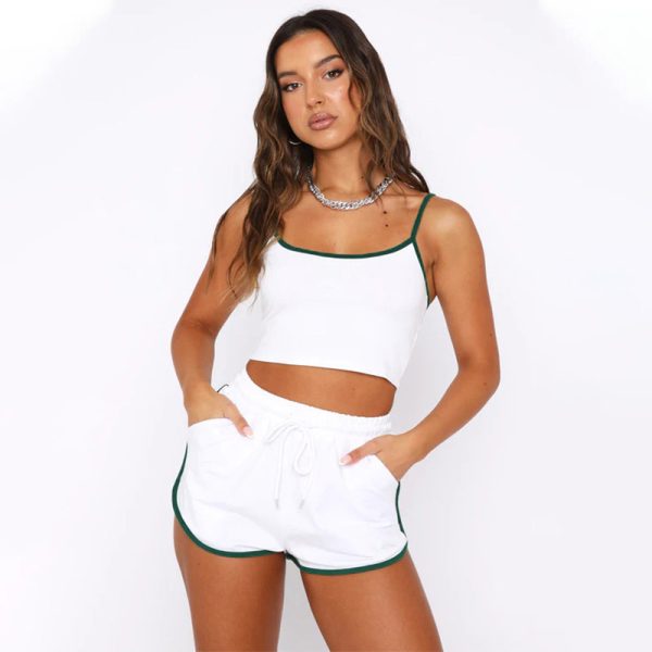 Summer Solid Color Sexy Spaghetti Straps Cropped Vest Top Women Drawstring Pants Suit