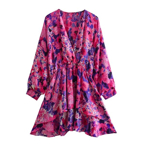 Spring Fall Women V neck Floral Print Laminated Decoration Dress