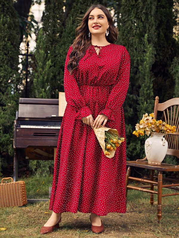 Plus Size Women Dress Polka-Dot Loose-Fitting  Girls Long Sleeve Dress