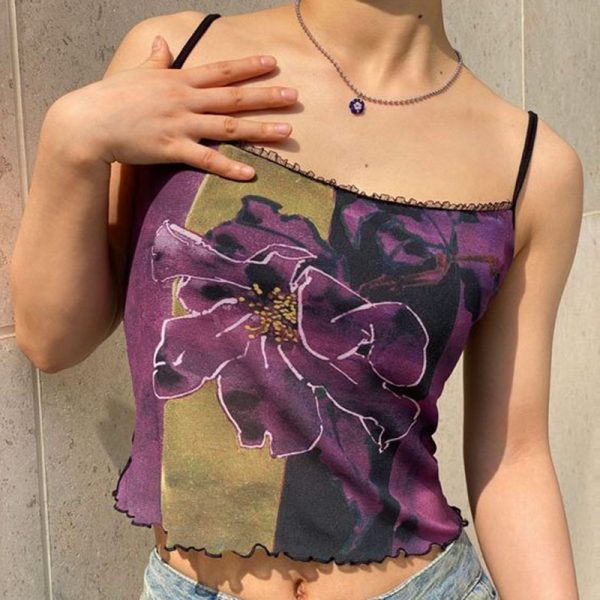 French Lightly Mature Contrast Color Floral Word Collar Wooden Ear Bottoming Small Slip Top Summer