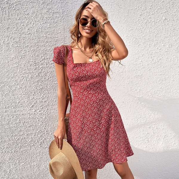 Popular Summer Red Square Collar Printed Waist Controlled Short Dress