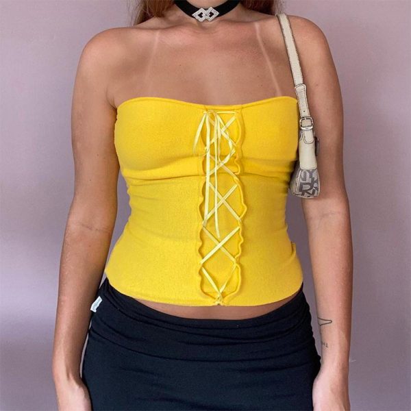 Women Clothing Spring Cropped Strapless T shirt Women  Tight Tied Top