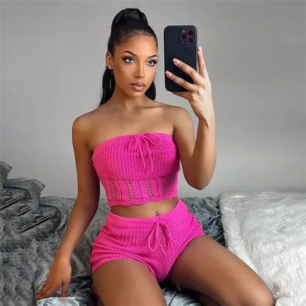 Summer Women Clothing Fashionable Knitted Hollow Out Cutout Chest Wrap Small Vest Slim High Waist Shorts Suit