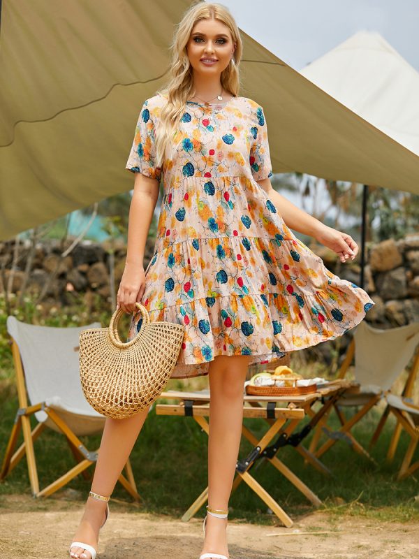 Plus Size Summer Urban Casual round Neck Short Sleeves Printed Multi-Layer Stitching Big Swing Dress Dress