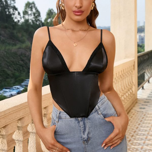 Sexy Boning Corset Bra Sexy Satin Lace Backless Short Sleeveless Camisole