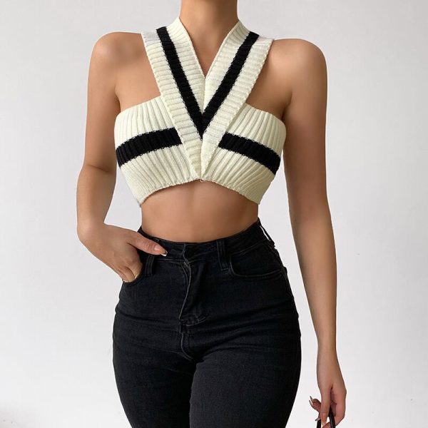 V neck Knitted Vest Striped Halter Cropped Slimming Short Top Women Crisscross