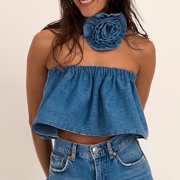 Women Clothing Spring Summer off Shoulder Short Floral Sexy Denim Tube Top