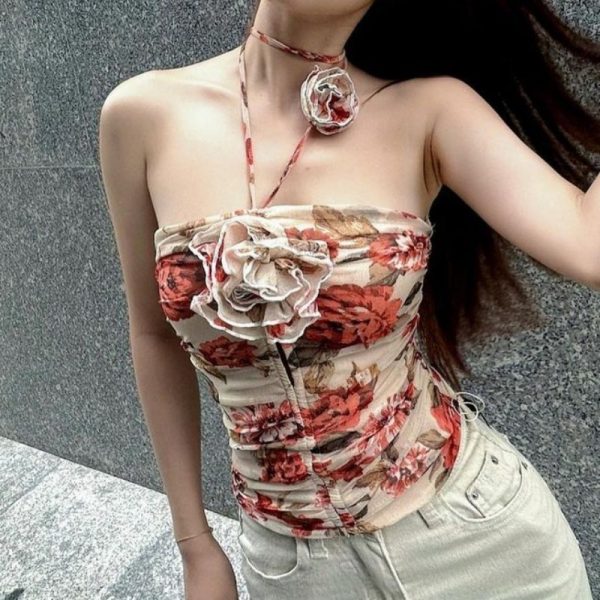 Spring Sweet Spicy French Romantic Rose Halter Slim Fit Tube Top Vest