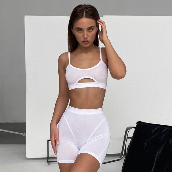 Summer Women Clothing Basic Solid Color Hollow Out Cutout Shoulder Straps Bare Cropped High Waist Boxers Sports Two Piece Set