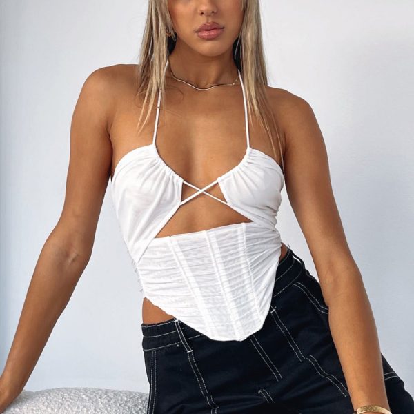 Cutout Halterneck Vest Sexy Mesh Backless Pleated Sleeveless Boning Corset Bra Top