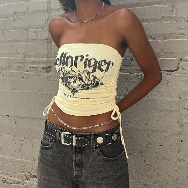 Tube Top Letter Graphic Print Drawstring Short Vest Women Summer Casual All Matching Top