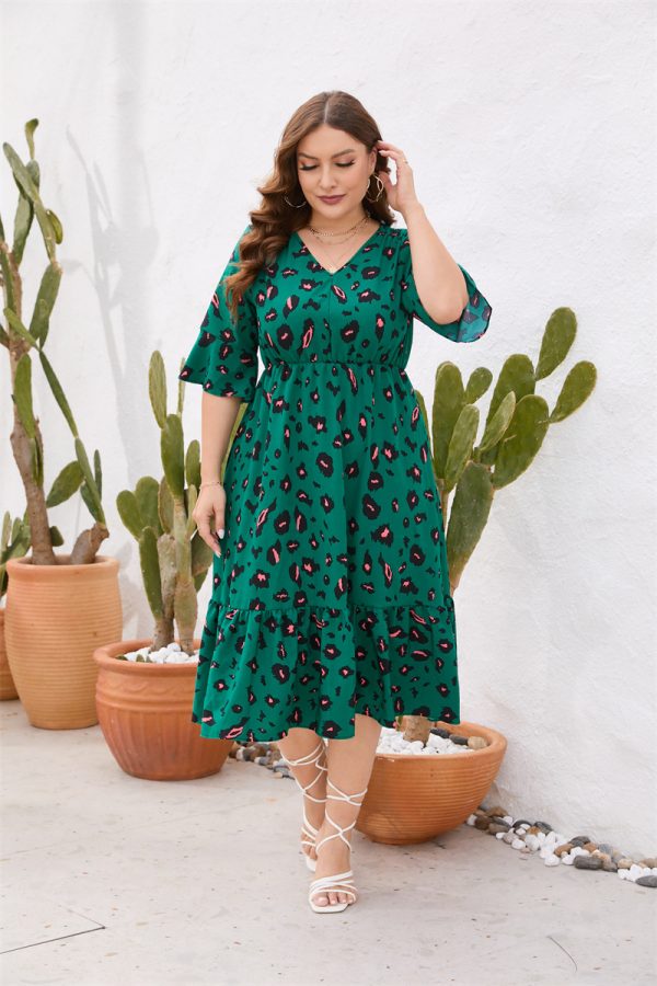 Plus Size Women's Clothing Summer V Neck Short Sleeve Ruffled Elastic Waist Dress Midi Dress