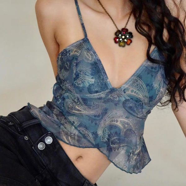 Bohemian Retro Mesh Floral Print Vacation Casual Camisole V neck Asymmetric Slim Fit Underwear Top