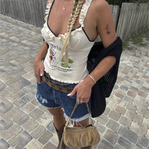 Women  Clothing Cartoon Embroidered Strap Vest Women  Slim Fit Wooden Ear Stitching Low Cut Cropped Top