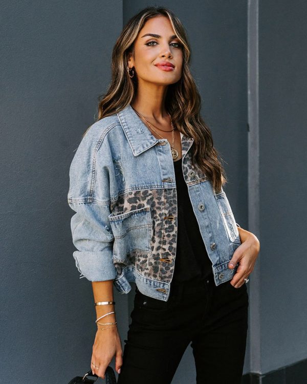 Leopard Print Print Stitching Ripped Denim Jacket Casual Jacket