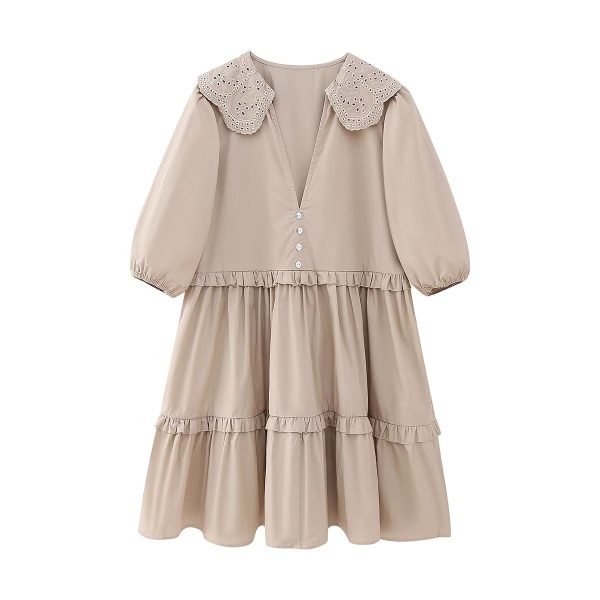 Summer Women Clothing Stitching Poplin Embroidery Turn down Doll Collar Half Sleeve Solid Color Dress Women