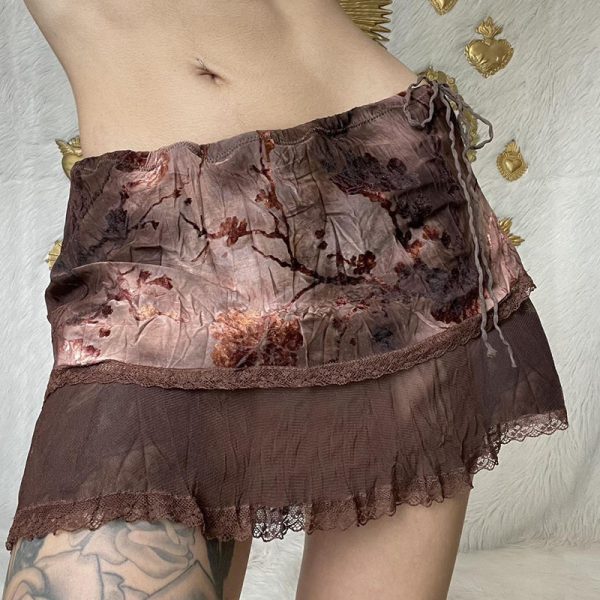 Summer Artistic Retro Drawstring Plant Floral Printing Skirt Women