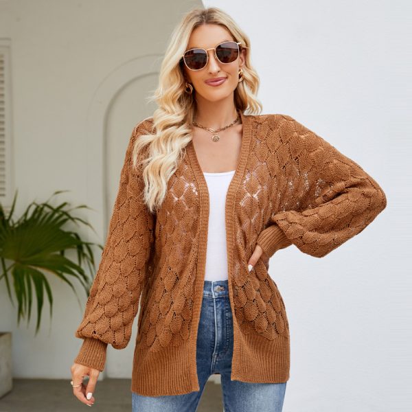 Loose Lazy Mid Length Sweater Coat Women Clothing Design Hollow Out Cutout Out Knitted Sweater Cardigan