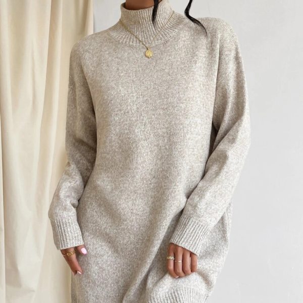 Turtleneck Knitting Dress Solid Color Simple Pullover Sweater Midi Dress