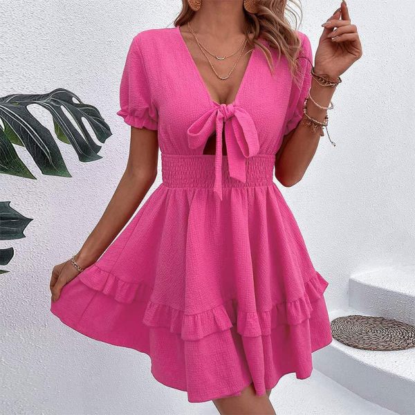 Summer Rose Red Hollow Out Cutout Lace up Waist Dress