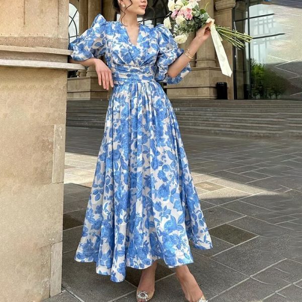 Summer French V neck Puff Sleeve Printed Short Sleeve Waist Controlled Slimming Dress Long Dress