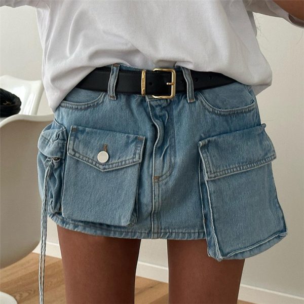 Women Denim Skirt Summer Three-Dimensional Laminated Pocket Decorative Sexy Sheath Mini Workwear Denim Skirt No Belt