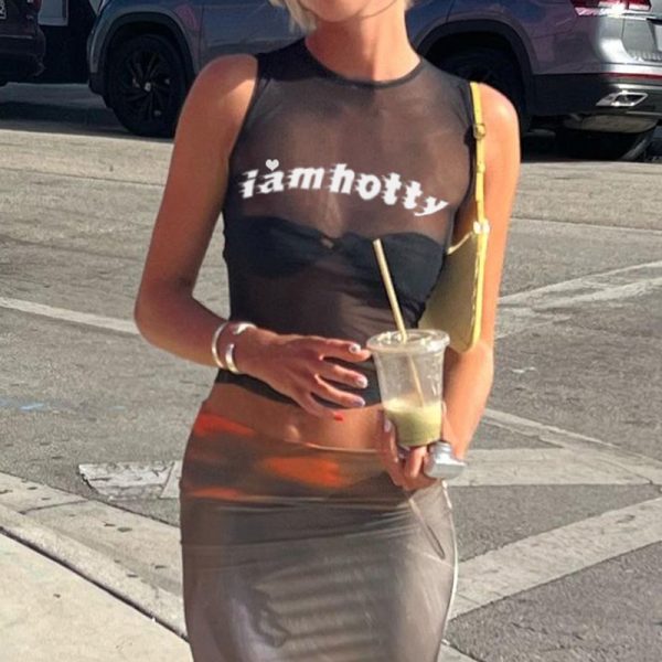 Street Casual Letter Graphic Printed Hollow Out Cutout out See through Light Mesh Top Sexy Slim Sleeveless Outerwear Vest