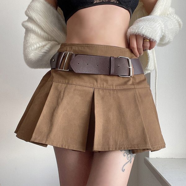 Women Fashionable Khaki Pleated Skirt with Belt Short  A line Skirt