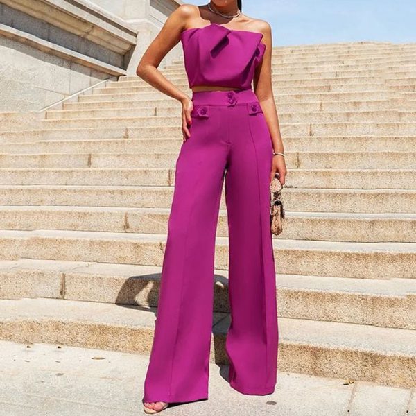 Women Suit Summer Sexy Tube Top Sleeveless Top Loose Wide Leg Pants Two Piece Suit