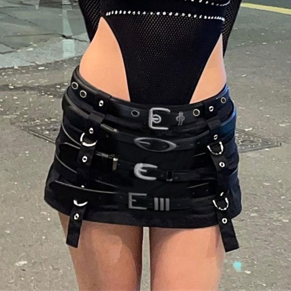 Dark Punk Belt Stitching Heavy Industry A Line Short Skirt