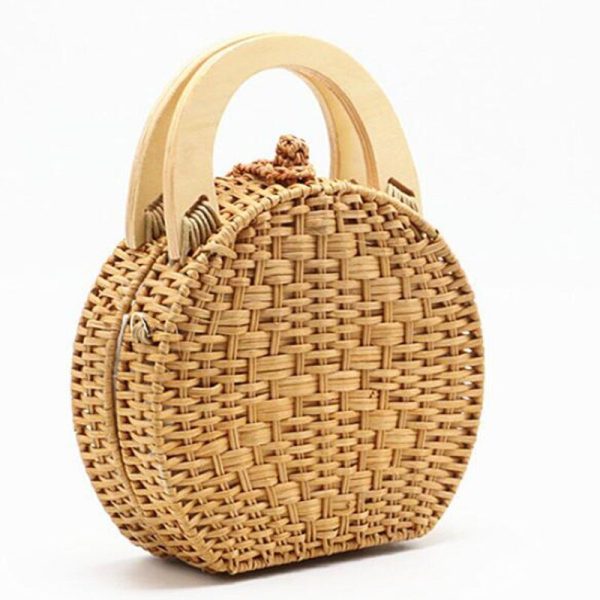 Woman fashion Wooden Handle Rattan Knit Bag Camel white New Straw Bag