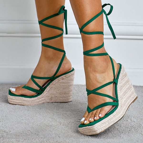 Vanessas Wedges Heels Platform Sandals for Women - Summer Green Narrow Band Open Toe Lace-Up Party Dress Shoes