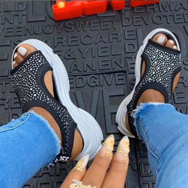 Vanessas Woman Casual Summer Peep Toe Platform Ladies Rhinestone Slip On Sandals