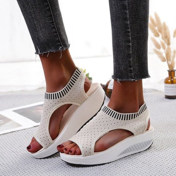 Vanessas Women Sandals Wedges Slip On Knitting Ladies Peep Toe Casual Summer Sandals