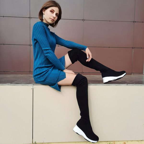 Vanessa's Round Toe Over The Knee Women Boots Autumn Winter Wedge Heel Fashion Casual Women Shoes