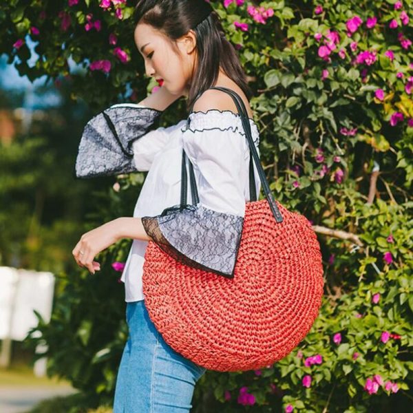 Round Straw Beach Bag Vintage Handmade Woven Shoulder Bag